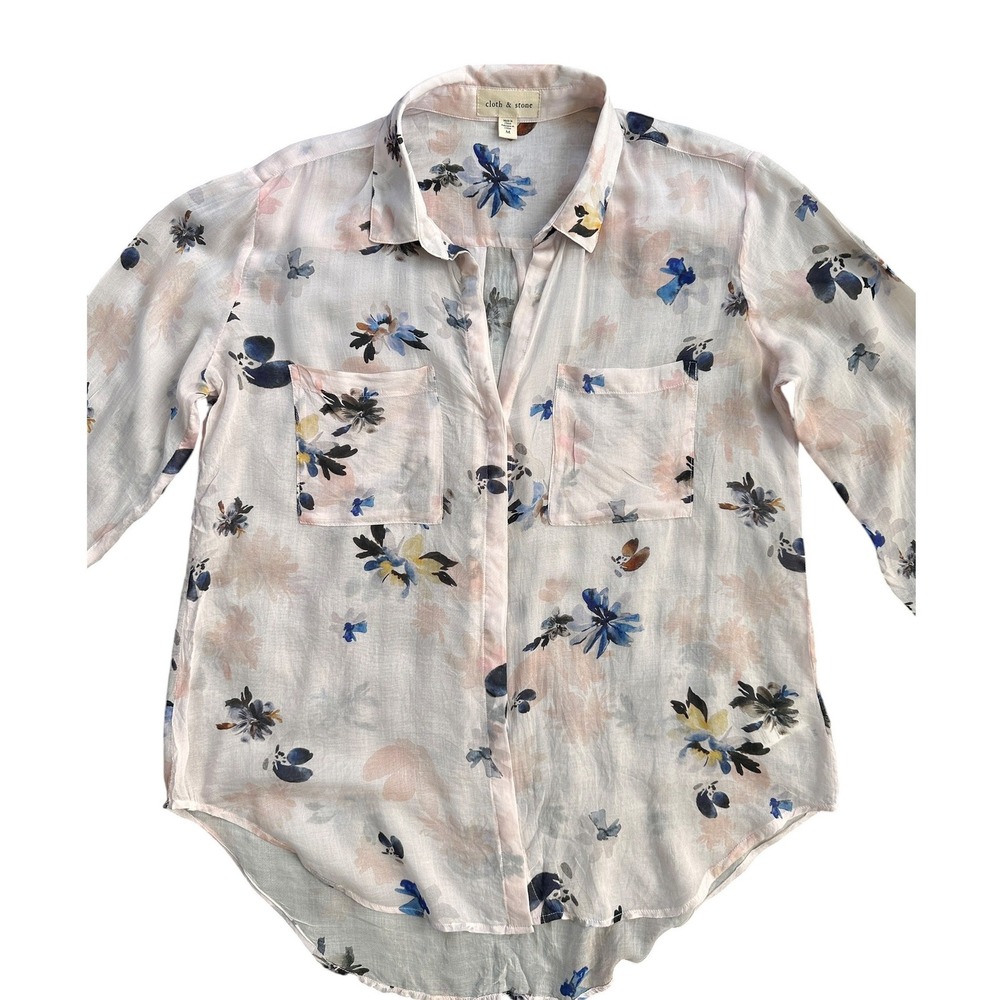 Cloth & Stone Floral Button Down Shirt Wmns‎ Medium Pink Blue Rayon Blouse